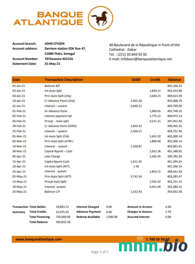 Wyciąg bankowy Senegal Banque Atlantique łatwy do wypełnienia szablon w formacie Word i PDF